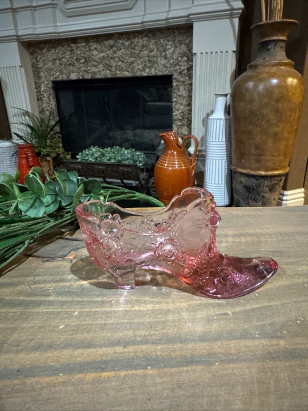 Vintage Fenton Pink Cranberry Art Glass Cabbage Rose Floral Shoe Boot Slipper